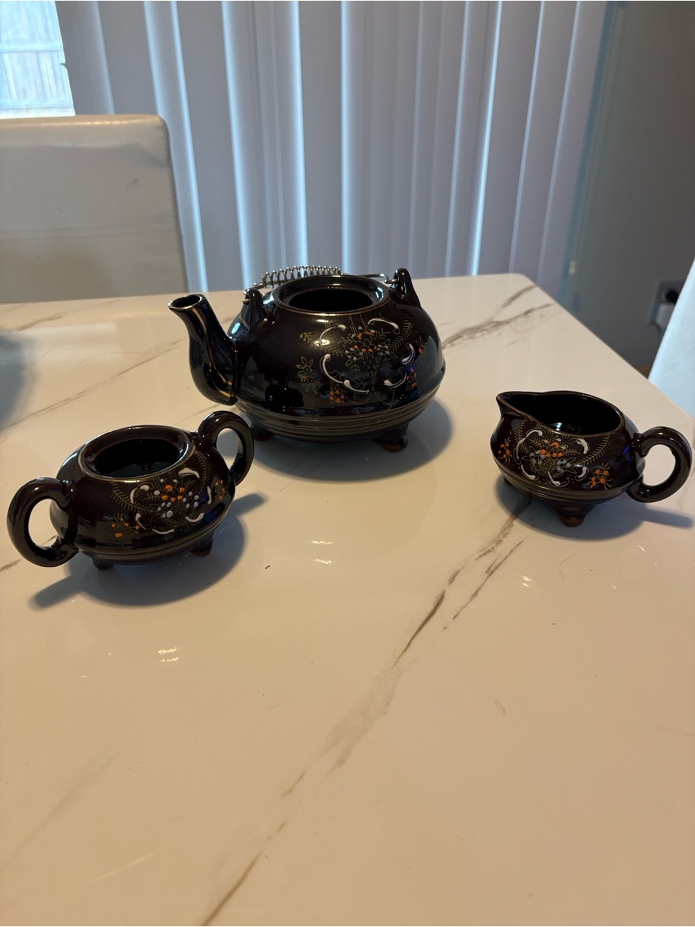 Brown Floral Ceramic Teapot and Creamer Set